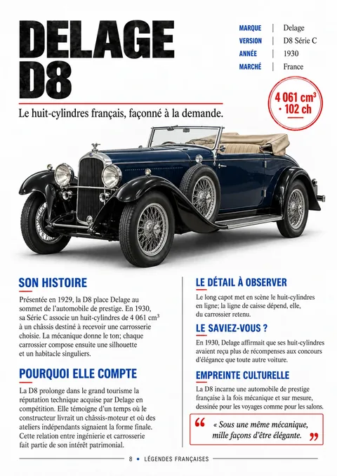 Delage D8 — Le huit-cylindres français — page réelle de la collection